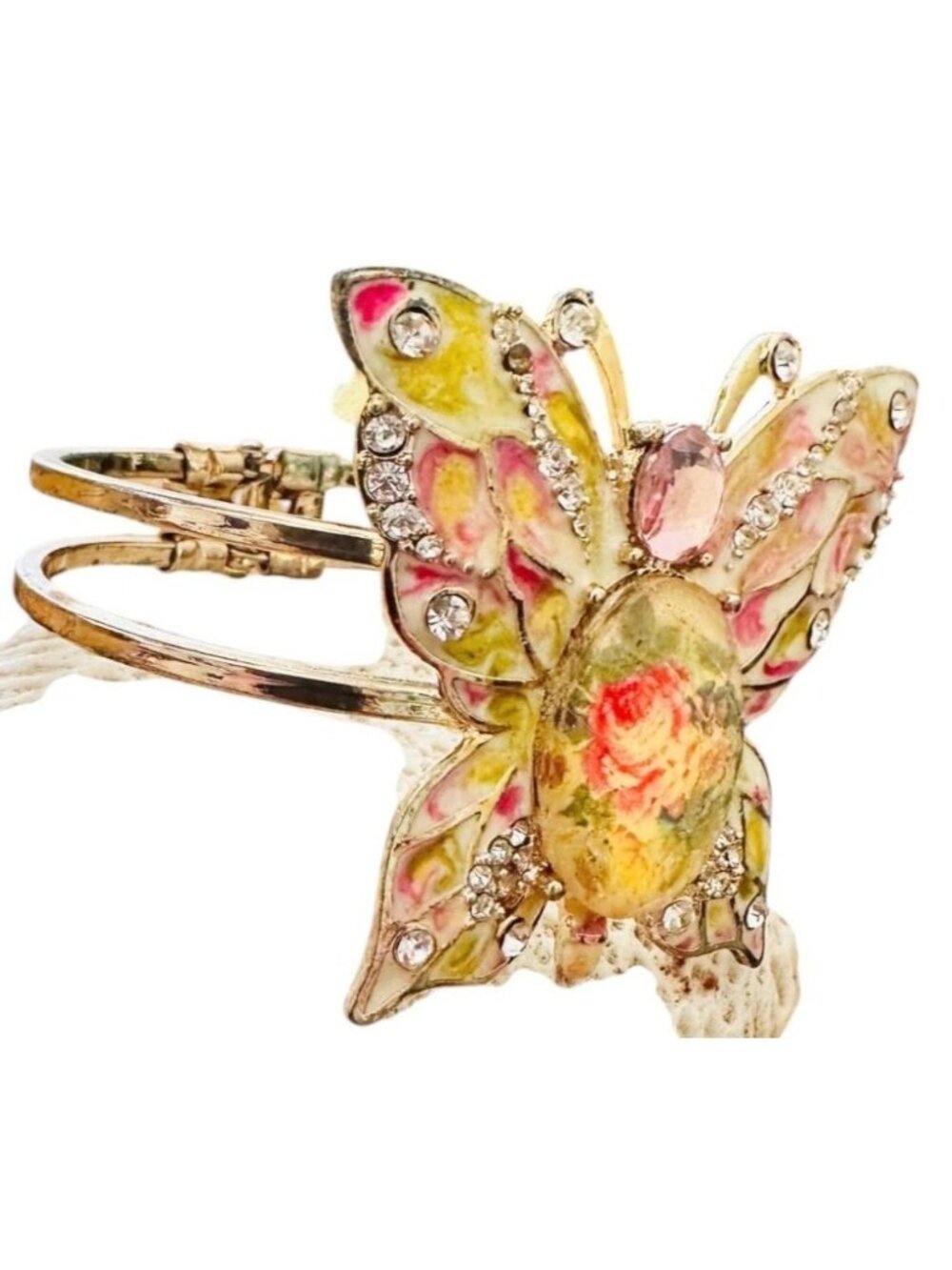 Vintage 90s Butterly Bracelet Hinged Rhinestones Dolly Pink Yellow Green Floral